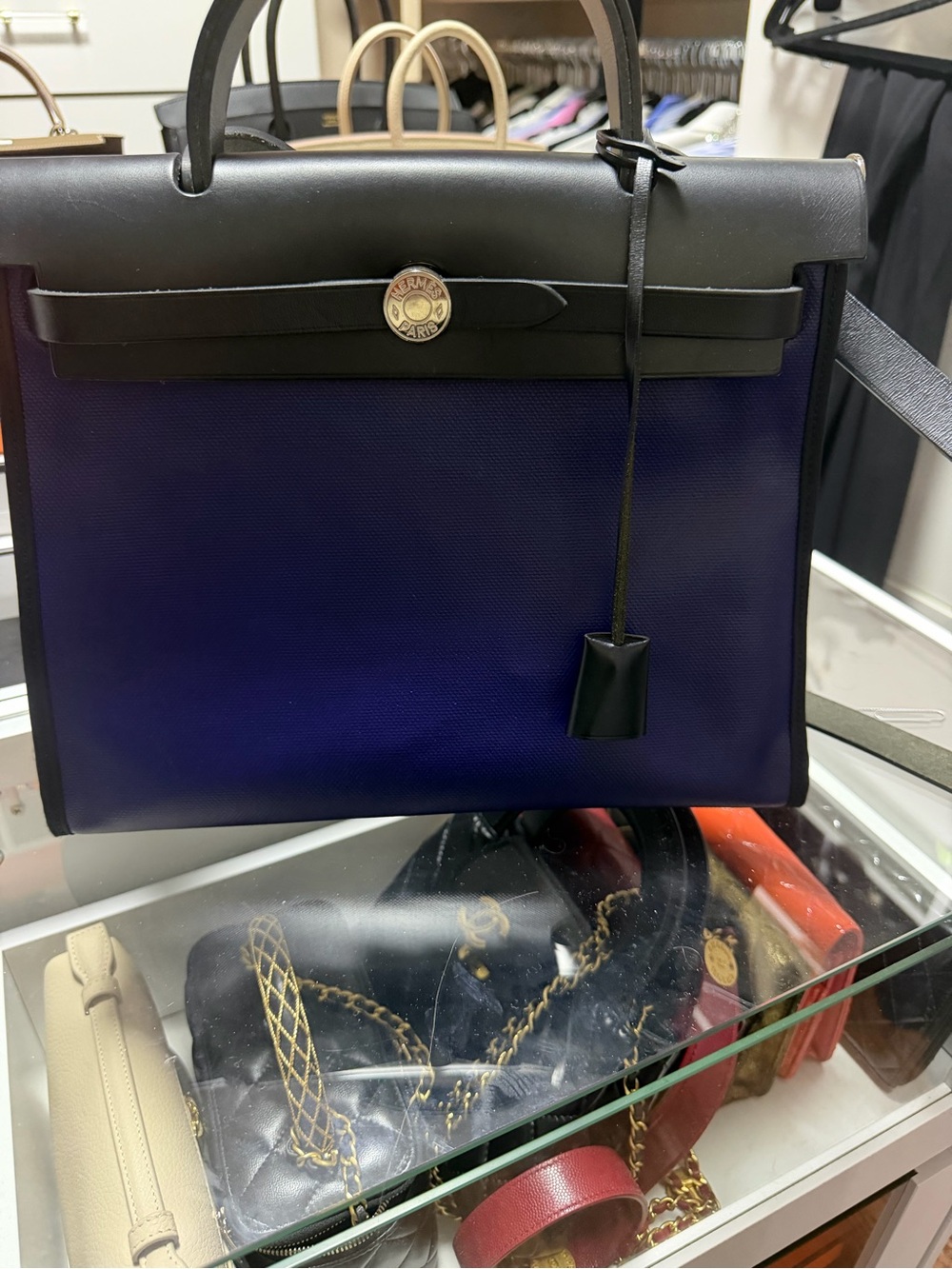 Hermes Navy and Black Top-Handle Satchel